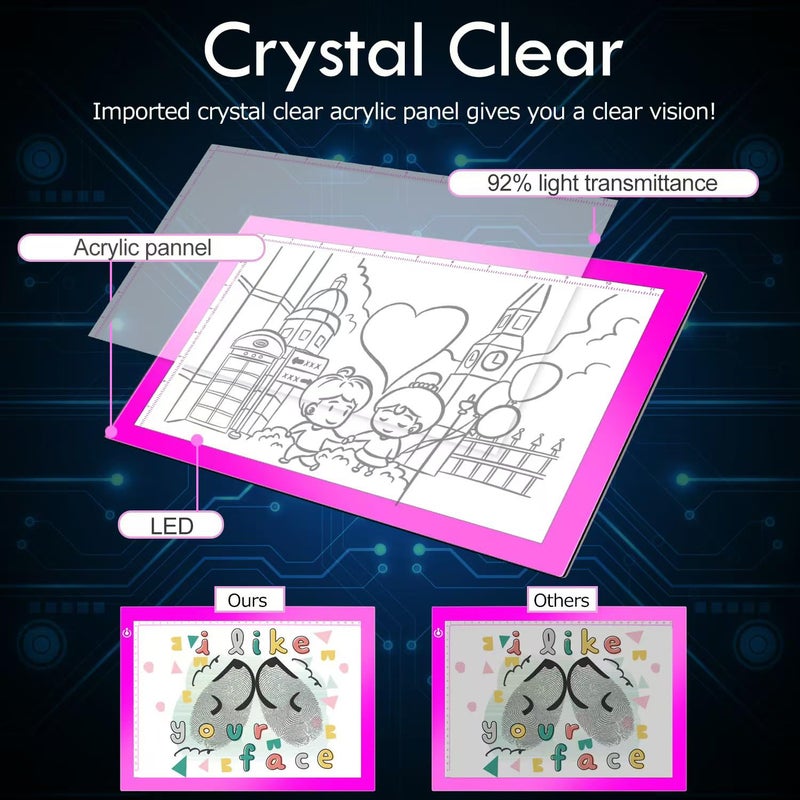 LooEooDoo Pink A4 Dimmable LED Artcraft Light Box Tracer Slim Light Pad Portable Tablet, USB Power Cable Copy Drawing Board Tracing Table for Artists Designing, Animation, Sketching, Stenciling X-ray Viewing - Image 2